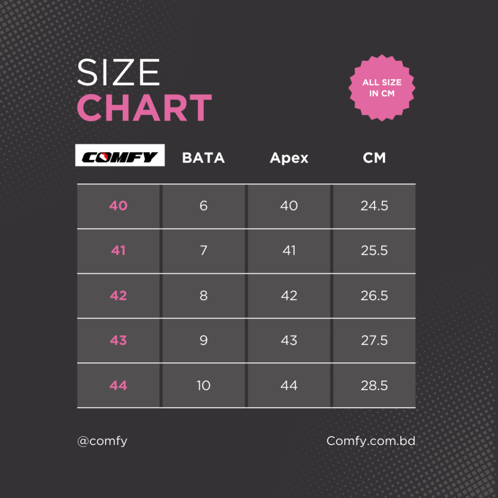 COMFY Size Guide - Comprehensive sizing chart showing Bata, Apex, and CM measurements